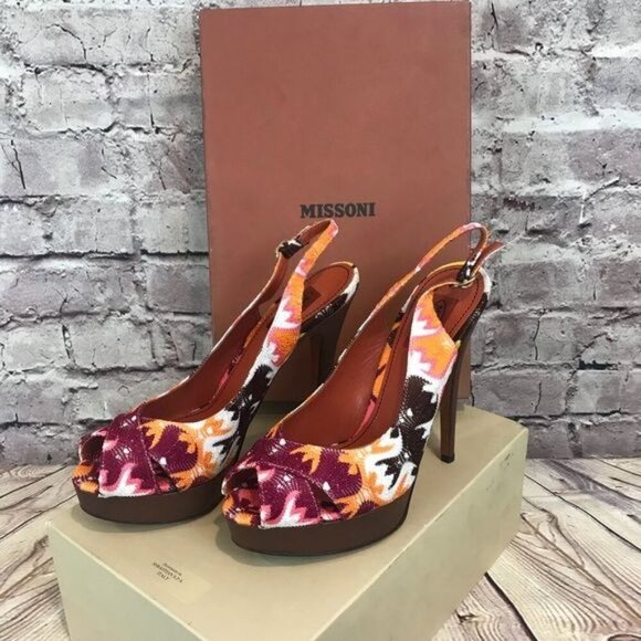 Missoni Size 9 Criss Cross Platform Slingback High Heel Sandals Peep Toe Orange - Picture 3 of 9